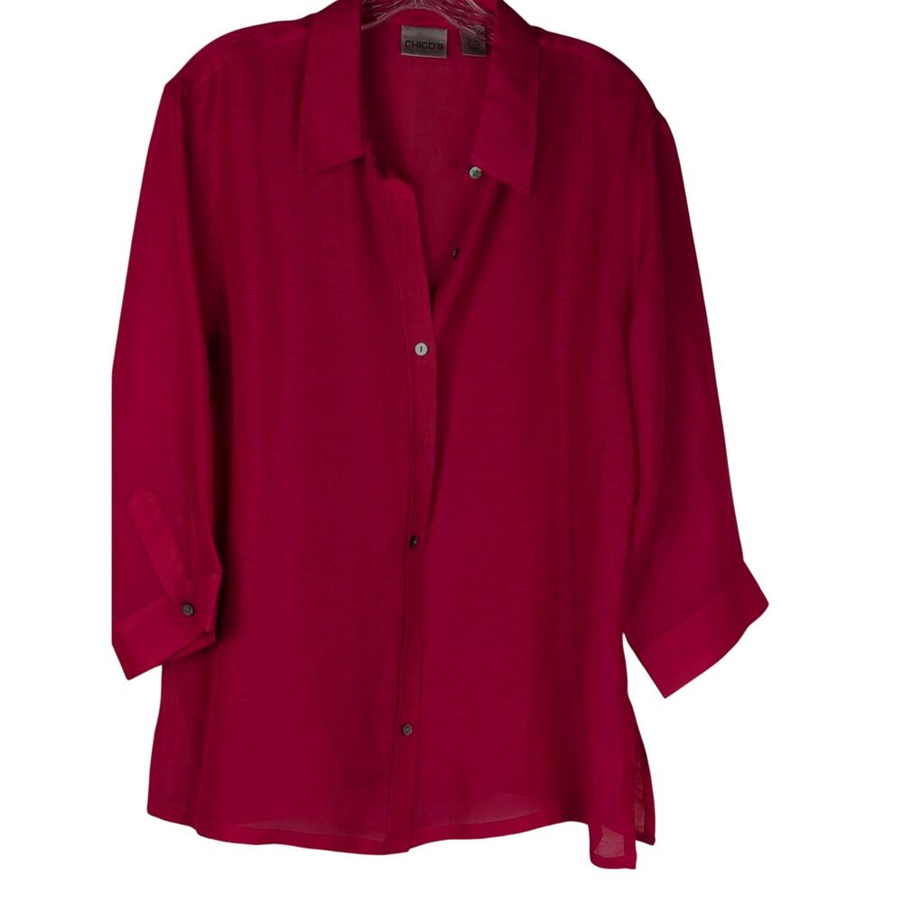 Chico's silk /linen Sz 2 shirt bright pink semi sheer reinforced seams bust 44"